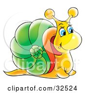 Poster, Art Print Of Friendly Blue Eyed Yellow Snail With A Green And Orange Shell