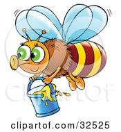 Poster, Art Print Of Cute Green Eyed Bee Flying With A Bucket Of Honey