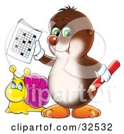 Clipart Illustration Of A Snail Looking Up At A Cute Green Eyed Gopher Holding A Word Puzzle by Alex Bannykh