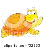 Poster, Art Print Of Friendly Yellow Turtle With An Orange Shell Turning Its Head And Glancing To The Right