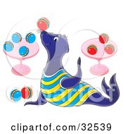 Poster, Art Print Of Talented Blue Sea Lion Entertaining A Crowd While Balancing A Ball On His Nose