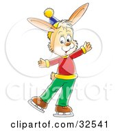 Happy Beige Rabbit In Clothes Ice Skating