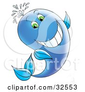 Poster, Art Print Of Grinning Green Eyed Blue Whale Spraying Water Out Through Its Spout