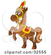 Saddled Brown Horse Rearing Up On Its Hind Legs