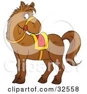 Poster, Art Print Of Brown Pony Wearing Reins And A Yellow And Red Saddle