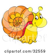 Poster, Art Print Of Friendly Yellow Snail With An Orange Shell