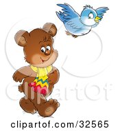 Poster, Art Print Of Cute Brown Bear Wearing A Scarf And Walking While His Bird Friend Flies Above