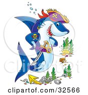 Poster, Art Print Of Pirate Shark With A Tattoo And Sword Swimming Over A Site Of A Sunken Ship
