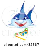 Poster, Art Print Of Aggressive Shark Showing Its Teeth While Swimming Forward Towards Snorkel Gear