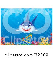 Clipart Illustration Of A Shark Swimming Towards Snorkel Gear Over A Colorful Reef