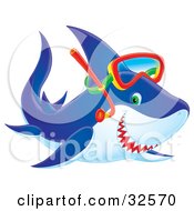 Poster, Art Print Of Blue Green Eyed Shark Smiling And Wearing Snorkel Gear