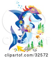 Poster, Art Print Of Tough Pirate Shark With A Sword At A Ship Wreck Site