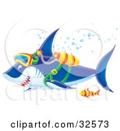 Poster, Art Print Of Blue And White Shark Swimming With A Fish While Scuba Diving