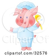 Poster, Art Print Of Pink Pig In Chefs Clothing Holding Up A Ladle