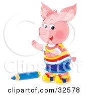Poster, Art Print Of Cute Pink Piglet Boy In Clothes Standing By A Blue Colored Pencil