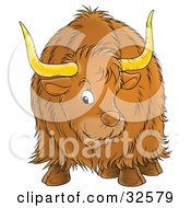 Poster, Art Print Of Brown Ox With Big Horns And Long Hair Facing Front