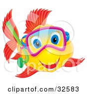 Poster, Art Print Of Happy Yellow Fish With Red Fish And Blue Eyes Snorkeling