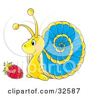 Poster, Art Print Of Friendly Yellow Snail With A Spiral Pattern On Its Blue Shell Looking At A Raspberry