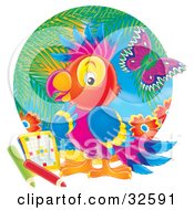 Clipart Illustration Of A Colorful Parrot Pondering Over A Word Puzzle On A Tropical Beach With Palms Flowers And A Butterfly by Alex Bannykh