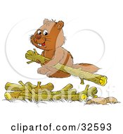 Clipart Illustration Of A Happy Brown Beaver Carrying One Log From A Pile