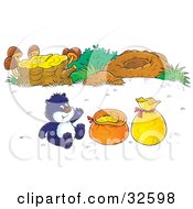 Clipart Illustration Of A Gopher Sitting With Food By A Log With Mushrooms And A Hole Waving by Alex Bannykh