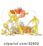Clipart Illustration Of A Cute Red Crab On An Anchor Over A Treasure Chest At A Ship Wreck Site