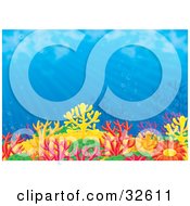 Clipart Illustration Of A Colorful Coral Reef With Anemones In Blue Waters With Bubbles And Rays Of Sunlight