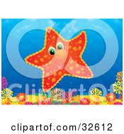 Poster, Art Print Of Cute Orange And Red Starfish Over A Colorful Coral Reef In The Ocean