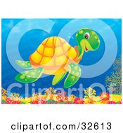 Poster, Art Print Of Happy Green Sea Turtle With An Orange Shell Swimming Above A Coral Reef In The Ocean