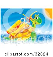 Clipart Illustration Of A Sea Turtle Swimming With Scuba Gear On A Sunny Day