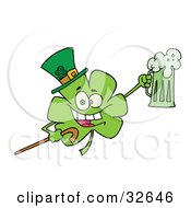 Partying Clover Character In A Green Hat Carrying A Cane And A Mug Of Beer On St Patricks Day