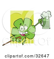 Poster, Art Print Of Happy Green Clover Leaf Cheering With A Mug Of Beer And Carrying A Cane On St Paddys Day
