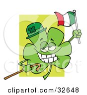 Shamrock Character Wearing A Green Hat Holding A Cane And A Flag Celebrating St Paddys Day