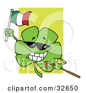 Happy Shamrock Carrying A Cane And Waving An Irish Flag On St Paddys Day