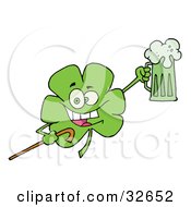 Poster, Art Print Of Happy Green Shamrock Leaf With A Cane Cheering With A Mug Of Beer On St Patricks Day