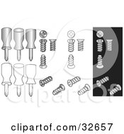 Clipart Illustration of Euro Phillips Screws And Screwdrivers On White And Black Backgrounds by J Whitt #COLLC32657-0082