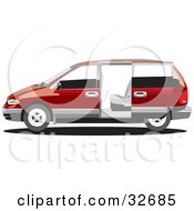 Clipart Illustration Of A Red Chrysler Voyager Minivan With Tinted Windows In Profile With The Slider Door Open