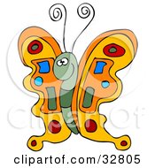 Poster, Art Print Of Colorful Orange Butterfly With A Green Body And Blue Red And Green Designs On Its Wings