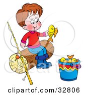 Clipart Illustration Of A Boy Sitting On A Log And Looking At A Fish He Caught His Fishing Pole Beside Him