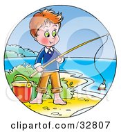 Boy Standing By A Pail And Fishing On The Shore