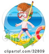 Poster, Art Print Of Boy In Snorkel Gear Waddling Along The Surf On A Beach