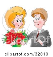 Romantic Man Giving His Wife A Bouquet Of Red Flowers On Valentines Day Or Their Anniversary