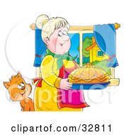 Clipart Illustration Of A Cat Watching A Grandmother Carrying Fancy Bread In A Kitchen