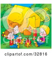 Poster, Art Print Of Three Children Warming Up By A Campfire Near Their Tent