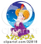Clipart Illustration Of A Male Gypsy Seated On Top Of Sharp Pins Over A Background Of Stars And A Crescent Moon