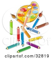 Poster, Art Print Of Paint Palette Paintbrushes And Colored Pencils