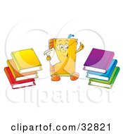 Poster, Art Print Of Smart Book Character Wearing Glasses And Reading A Memo Stacks Of Colorful Books On The Sides