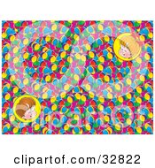 Poster, Art Print Of Portraits Of Two Happy Children Over A Background Of Colorful Balls
