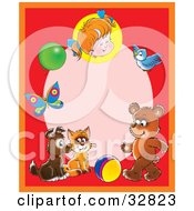 Clipart Illustration Of A Red Frame Around A Pink Oval With A Little Girl Balloon Butterfly Bird Bear Ball Cat And Puppy