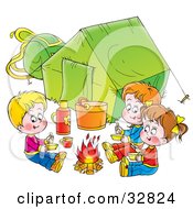 Three Kids Eating Around A Campfire Outside Their Green Tent On A White Background